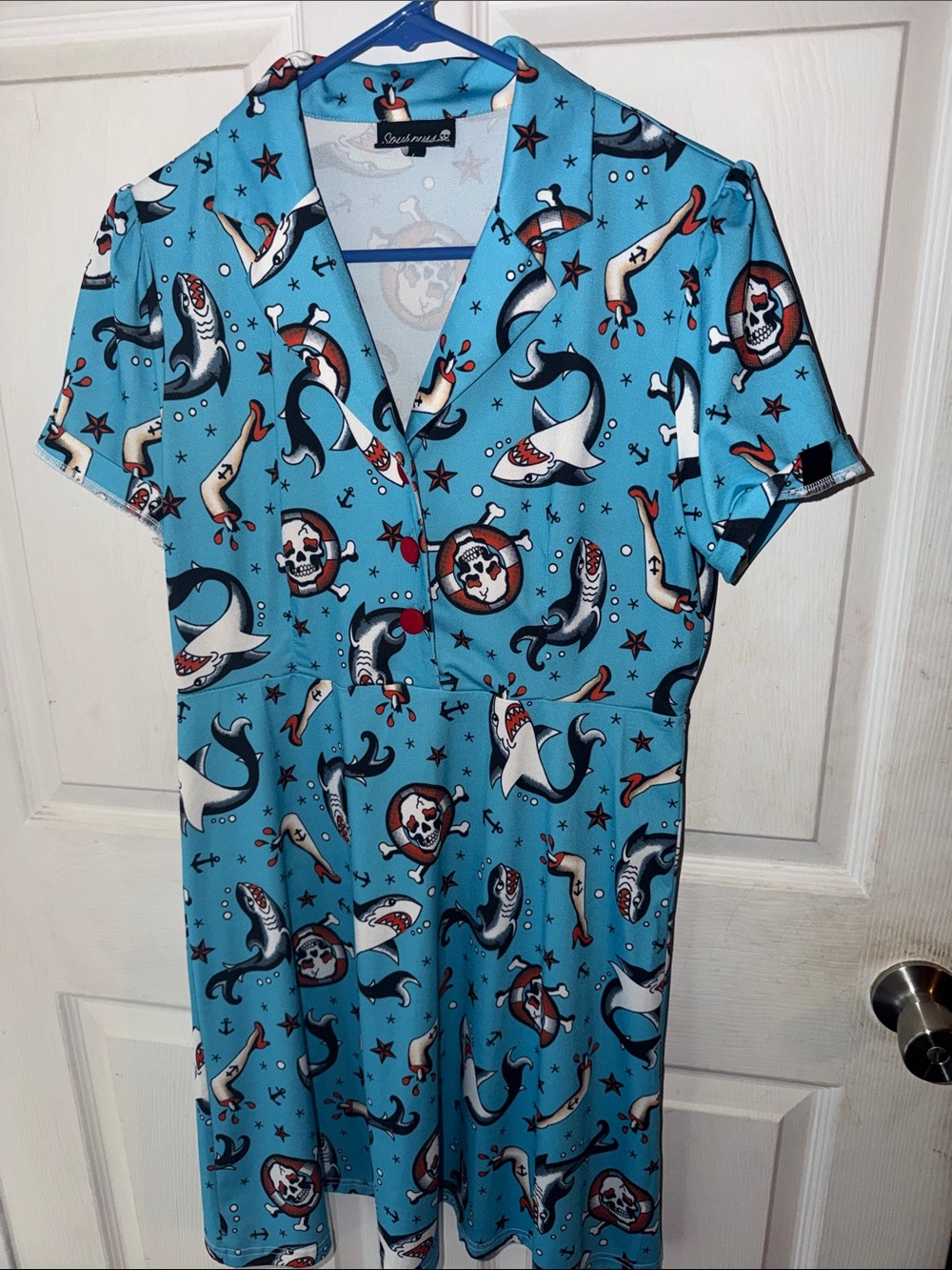Sourpuss Turquoise Shark & Skull Print Button-Up Dress